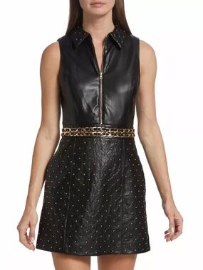 Alice + Olivia Ellis Black Quilted Faux Leather Mini Dress Studded Gold Chain 6